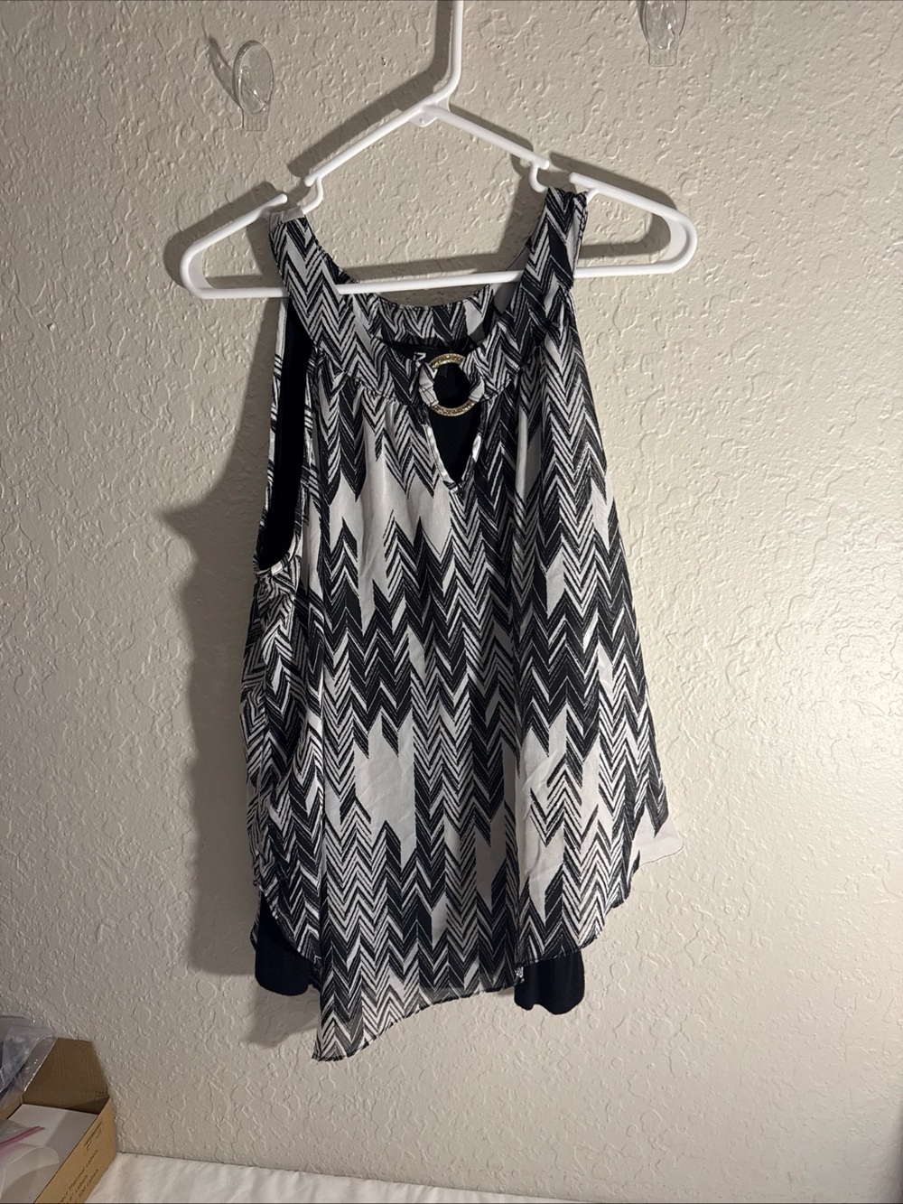 Iz Byer Black and White Chevron Halter Tank with Ring Accent